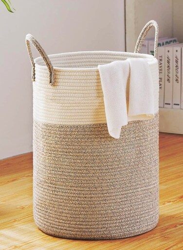 Large Laundry Basket, 58L Tall Woven Rope Storage Basket with Handle, Hamper for Blanket, Toys, Dirty Clothes in Living Room, Bathroom, Bedroom (Brown)