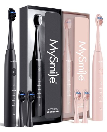 MySmile DY156 Electric Toothbrush for Adults, Rechargeable Sonic Battery Toothbrush Portable with 3 Brush Heads, 2 Mins 5 Modes Smart Timer, 45000VPM, One Charge for 60 Days (Black, M) &amp; MySmile DY156 Electric Toothbrush for Adults, Rechargeable Sonic Battery Toothbrush Portable with 3 Brush Heads, 2 Mins 5 Modes Smart Timer, 45000VPM, One Charge for 60 Days (Pink, M) Bundle