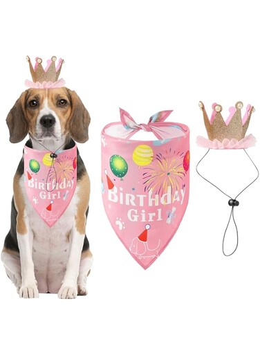 NALACAL Dog Birthday Bandana, Scarf and Reusable Dog Girl Birthday Party Hat with Number, Small Medium Dog Cat Pet Birthday Party Supplies Pink