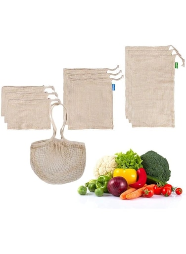 Volwco Reusable Produce Bags for Fruit and Vegetables, Natural Organic Cotton Mesh Shopping Bag, Set of 10 Mesh Bags for Grocery and Storage(S,M,L, Grocery Tote)