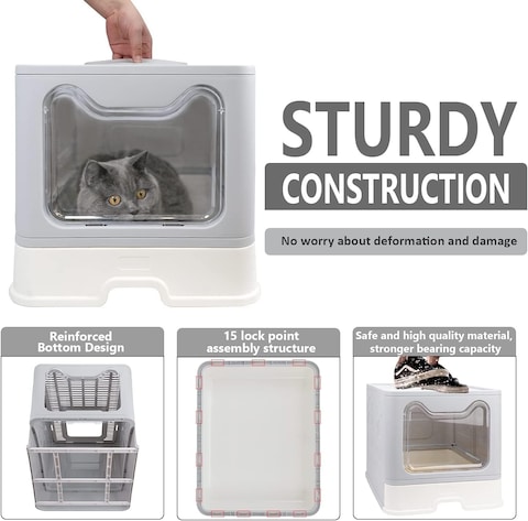 Two-Way Foldable Drawer-Type Cat Litter Box - Space-Saving and Stylish Grey Design 51x41x38cm