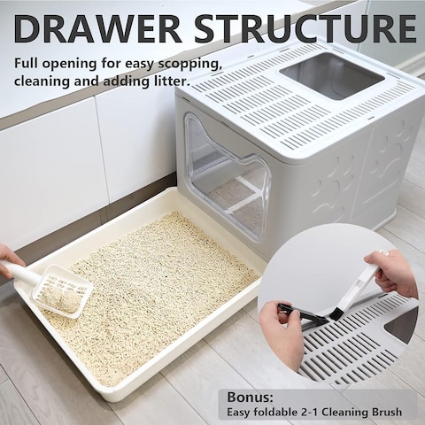 Two-Way Foldable Drawer-Type Cat Litter Box - Space-Saving and Stylish Grey Design 51x41x38cm