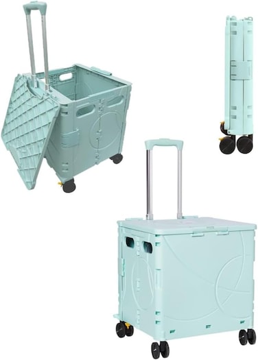 Folding Rolling Utility Cart with Wheels, Noiseless &amp; Wear-Resistant Shopping Trolley, Telescopic Handle for Office, Travel, Picnic, Grocery (Green)