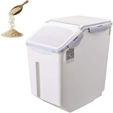 15KG Rice Storage Container with Wheels &ndash; Sealed Moistureproof Plastic Grain &amp; Food Box for Rice, Cereal, Flour, Sugar &ndash; Locking Lid, Kitchen Pantry Storage Solution