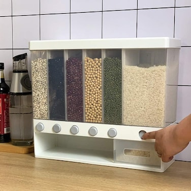 6-Grids Wall-Mounted Dry Food Dispenser &ndash; Large Capacity Rice &amp; Grain Storage Tank, Moisture-Proof Cereal Organizer, Press-to-Dispense Kitchen Storage Box