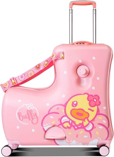 Kids Ride-On Duck Suitcase - 24" Hard Shell Carry-On with Safety Belt, Telescoping Handle, Foot Rest, and Trolley (Pink)
