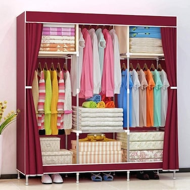 Portable Fabric Wardrobe with Hanging Rail &amp; Side Pockets &ndash; Foldable Canvas Closet Organizer for Clothes &amp; Shoes, Bedroom Storage Solution