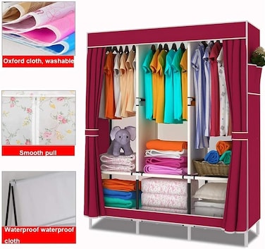 Portable Clothing Wardrobe,Fabric Wardrobe with Hanging Rail and Side Pockets, Foldable Closet for Bedroom