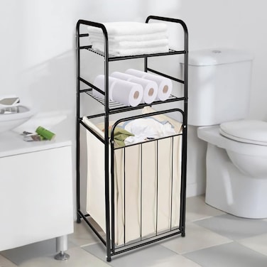 Storage Rack With Tilting Dirty Clothes Basket,With Removable Liner Bag,Multi Layer Rack Bathroom Laundry Room Clothing Storage (H-Laundry Hamper)