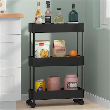 3-Tier Rolling Storage Cart &ndash; Slim Slide-Out Organizer for Bathroom, Kitchen, Laundry &amp; Narrow Spaces,Black