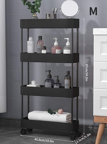 4-Tier Rolling Storage Cart &ndash; Slim Slide-Out Organizer for Bathroom, Kitchen, Laundry &amp; Narrow Spaces,Black