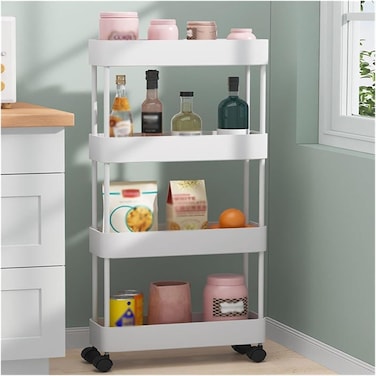 4-Tier Rolling Storage Cart &ndash; Slim Slide-Out Organizer for Bathroom, Kitchen, Laundry &amp; Narrow Spaces,White