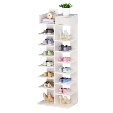 8-Layer Fishbone Wooden Shoe Rack Entry Storage Rack With Storage Drawer, Independent Shoe Compartment, White