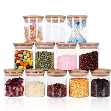 12-Piece Glass Jars with Wooden Lid Clear/Brown