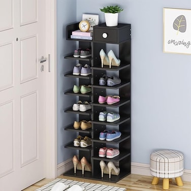 8-Layer Fishbone Wooden Shoe Rack Entry Storage Rack With Storage Drawer, Independent Shoe Compartment，Black