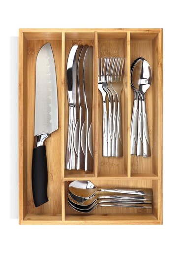 Premium Extra Deep Bamboo 5-Slot Silverware Organizer Wooden Utensil Drawer Organizer Tray, Flatware Holder, Cutlery Divider, Multipurpose Bamboo Tray for Kitchen Drawer Storage &amp; Fruit Serving Plate (40x27.5x4.5cm)
