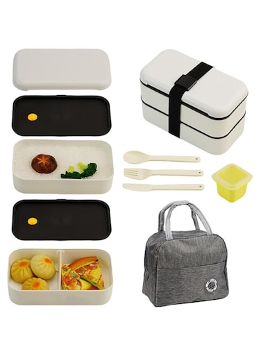 Double layer Bento Lunch Bo with cutlery, cooler bag, dip Sauce Container, suitable for children and adults for school, work, travel and picnic (White)