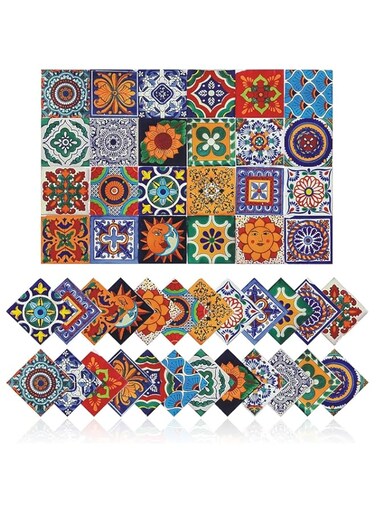 24Pcs Tile Stickers Wall Decor Bathroom Kitchen Wall Sticker Waterproof PVC Decoration Stickers - 2D Sticker with Retro Design in Mosaic Style (4 x 4 Inch)