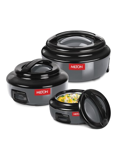 Inner Stainless Steel Casserole Hot Pot Set of 3 (860ml, 1.27 Litre and 1.96 Litre) &acirc;&euro;&ldquo; Serving Bowls with Lids for Hot Food, PU Insulated Design Keeps Food Warm for Hours, Pearl Regular, Grey Grey Set of 3 (420 ml, 850 ml, 1.43 litres)