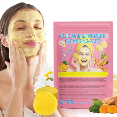 Kojic Acid and Turmeric Cleansing Pads, Turmeric Cleansing Pads, Face Turmeric Kojic Acid Pads, Remove Excess Oil, Foaming Turmeric Exfoliating Pads for for Face Body, Gentle &amp; Non-Irritating, 40PCS