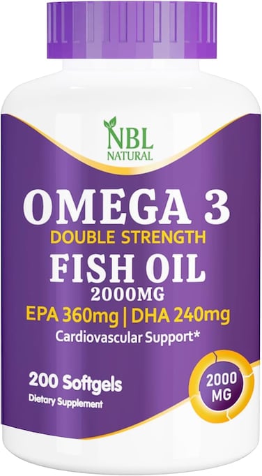 NBL NATURAL Omega 3 Fish Oil 2000 mg 360 EPA 240 DHA Double Strength, Cardiovascular Support, 200 Softgels