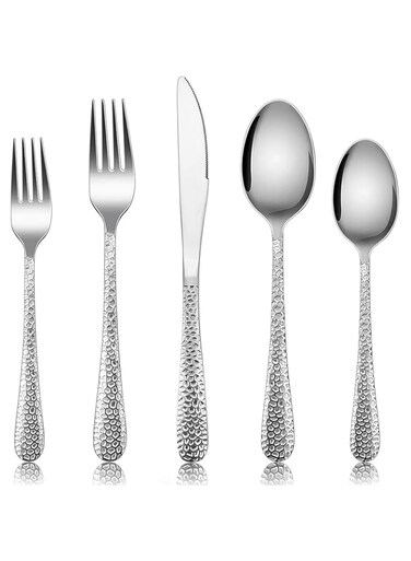 E-far Hammered Silverware Set for 4, 20-Piece Stainless Steel Flatware Cutlery Set, Includes Knives, Forks, Spoons, Modern Design &amp; Mirror Polished - Dishwasher Safe