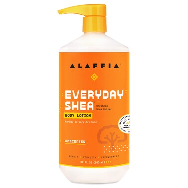 AlaffiaEveryDay Shea Body Lotion - Normal to Very Dry Skin, Moisturizing Support for Hydrated, Soft, and Supple Skin with Shea Butter and Lemongrass, Fair Trade, Unscented, 32 Fl Oz