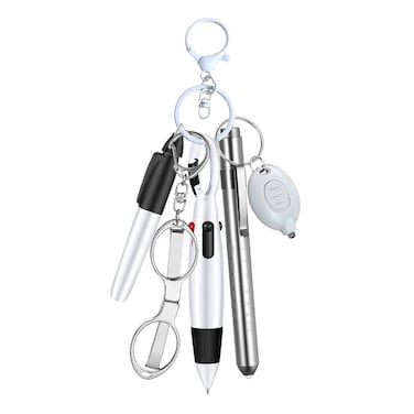 Multifunctional Nurse Ballpoint Pen Set with Flashlight Foldable Scissors Keychain(Silver with White Buckle)