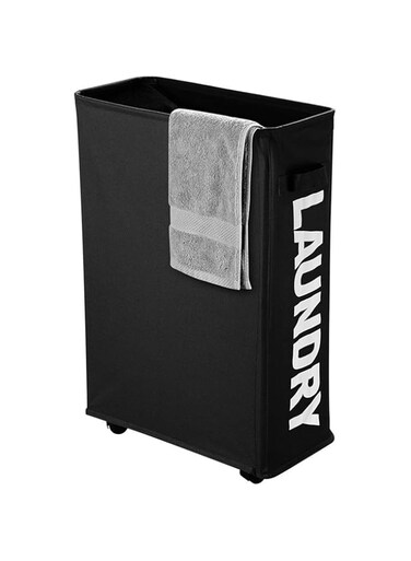 Joyzzz Rolling Slim Laundry Basket, 57x39x19cm Freestanding Dirty Clothes Hamper with Easy Carry Handles, Foldable Waterproof Laundry Basket on Wheels, Laundry Hamper for Bedroom, Hotel (Black)