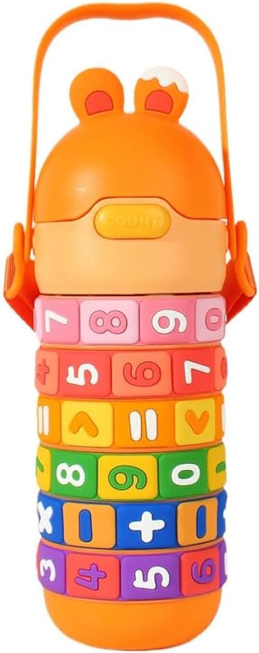 Twisoo Stainless Steel Kids Math Learning Water Bottle with Straw &amp; Strap Double Wall Vacuum Insulated Educational, Fun and Learning Water Bottle for Kids, Girls and Boys Leak Proof 430ml (Orange)
