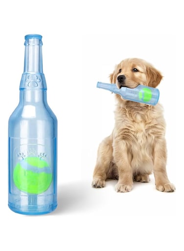 Squeaky Chew Toy for Dogs, TPR Bottle with Tennis Ball Inside (Blue, Small)