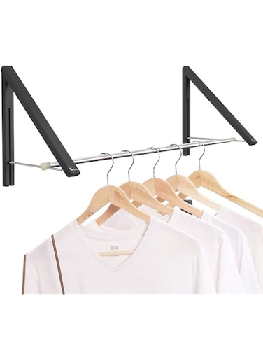 Anjuer Retractable Clothes Rack - Wall Mounted Folding Clothes Rack for Laundry Room Wardrobe Storage, Aluminium, 2 Baskets with Rod (Black)