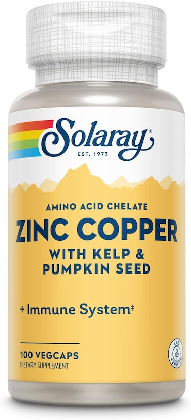 Solaray Zinc Copper Amino Acid Chelates, Healthy Cellular, Heart &amp; Thyroid Function Support, Vegan, 100Ct, 100 Serv., Immune, Bone &amp; Thyroid Support, Chelated Zinc, 100 Servings