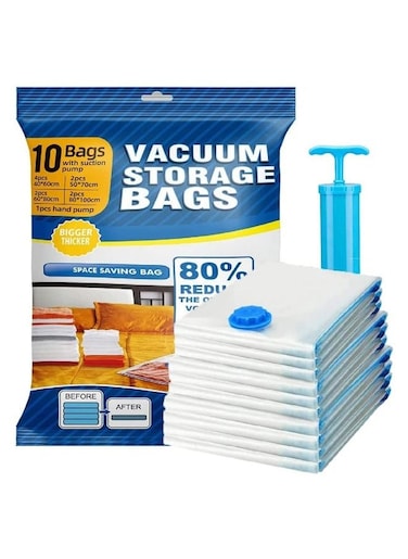 10 Pack Vacuum Storage Bags 1 pcs (80x100cm) +3 pcs (50x90cm) 3 pcs (50x70), 3pcs (40x60) Reusable vacuum bag for packing ,Clothe, Blanket, Pillow, Travel (with Suction Pump) PSLJH224