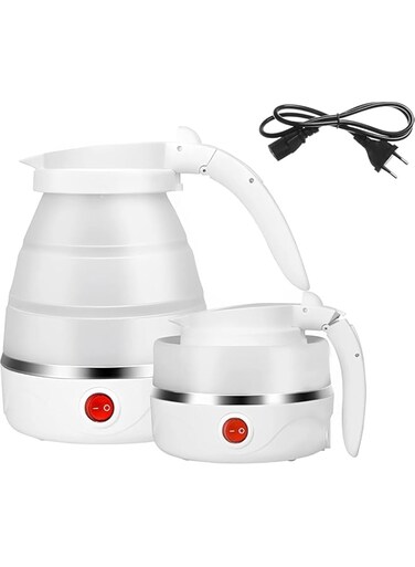 ELTERAZONE Foldable Portable Electric Kettle, Travel Folding Fast Boiling Small Electric Kettle， Food Grade Silicone， 110V-220V 600ML for Travel&amp;Camping and Home&amp;Office Use (White)