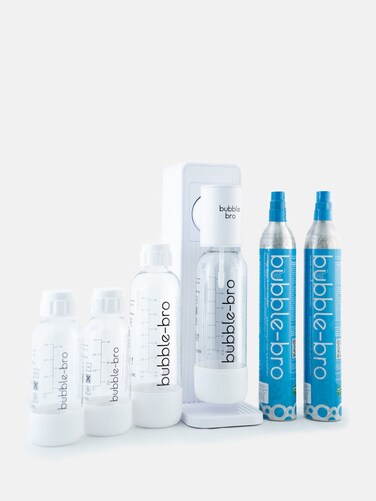 bubblebro Origin Sparkling Water Maker Family Pack - Comes with 2 x 60L CO₂ Cylinders, 1 x additional 1L BPA-Free Bottle with 2 x 500ML BPA-Free Bottles - Easy to Use Soda Maker Machine (White)