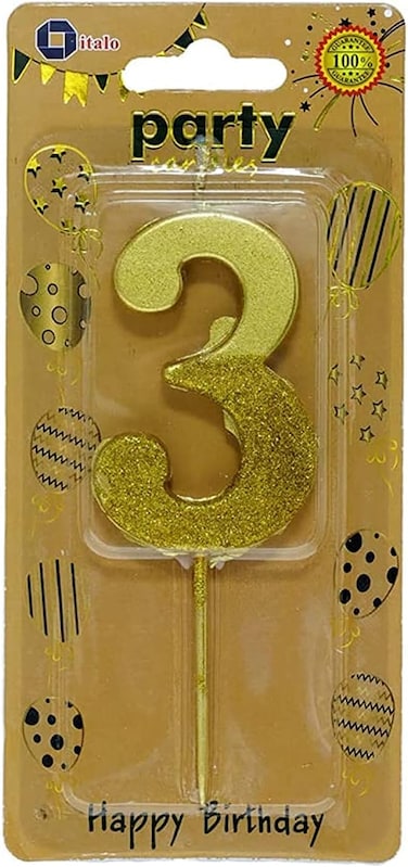 Italo Number 3 Glitter Dipped Birthday Candle, Gold