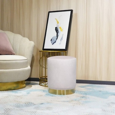Velvet Cylinder Stool,Soft Upholstered Pouf,Gold Base,Living Room, Bedroom &amp; Entryway(White)