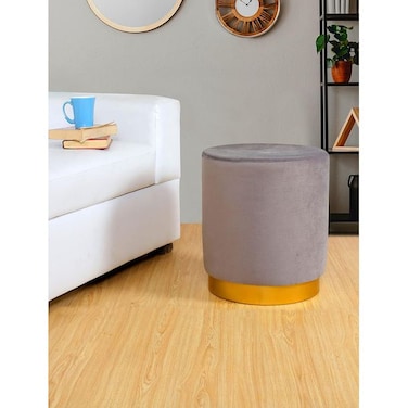 Velvet Cylinder Stool,Soft Upholstered Pouf,Gold Base,Living Room, Bedroom &amp; Entryway(Gray)