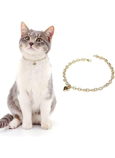 1pcs Dog Collar and Cat Chain Necklace Stainless Steel Adjustable Gold Heart-Shaped Necklace for Small Pets Cats Kitten Puppy (10 inches)