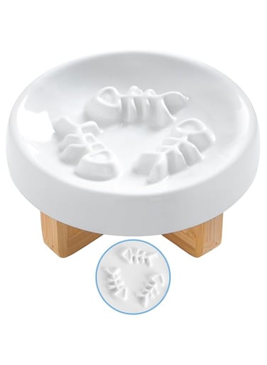 DDMOMMY Ceramic Cat Dog Feeder, Slow Feed Bowl with Stand, 2.5'' High, 5.2'' Wide, Whisker Friendly, Easy to Clean, for Cats and Small Dogs