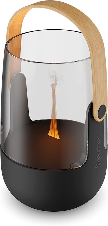 Swiss Design Aroma Diffuser Sophie and Lantern with Battery up to 11 Hours, Suitable for Indoor and Outdoor Use, Illuminated and Scented with Flame Effect, for Essential Oils, Black with Bamboo
