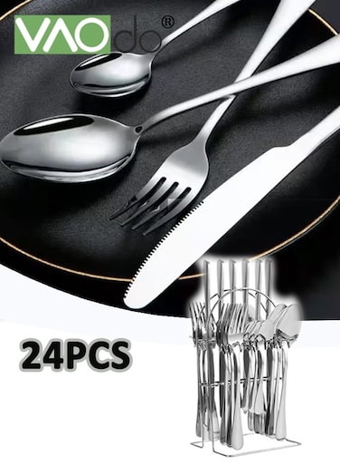 24PCS Stainless Steel Flatware, Mirror Polished Cutlery Set, Knives Spoons Forks Tea Spoons Tableware Set Silver