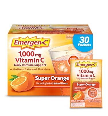 Emergen-C (30 Count, Super Orange Flavor, 1 Month Supply) Dietary Supplement Fizzy Drink Mix With 1000Mg Vitamin C, 0.32 Ounce Packets, Caffeine Free