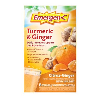 مزيج مشروب إيمرجن-سي الفوار بنكهة الحمضيات والزنجبيل، الكركم والزنجبيل، لدعم المناعة، نكهات طبيعية مع فيتامين سي عالي الفعالية، 18 عبوة