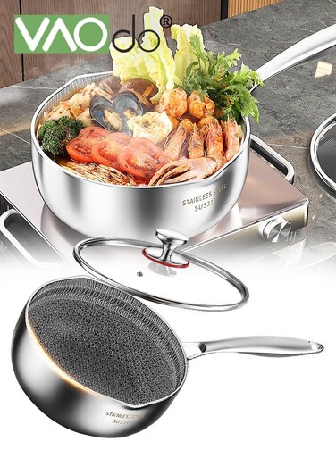 Nonstick Saucepan with Lid 316 Stainless Steel Multipurpose Pot Common to All Stoves Dishwasher Safe Extended Handle Fry Pan 20 CM