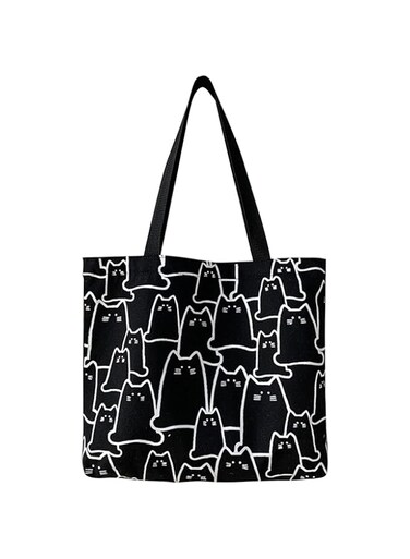 TERRIFI Cat Canvas Tote Bag, Large Cute Tote Bag for Women with Zip, Cotton Reusable Shopping Bag with Pocket, Shopper Bag Cat Lovers Gift, black