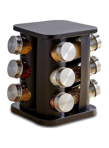 Revolving Spice Rack Organizer with 12 Jars, Countertop Spice Seasoning Rack Tower with 12 Glass Jar Bottles Refillable for Kitchen Cabinet, Stainless Steel, (Black). (Spice rack)