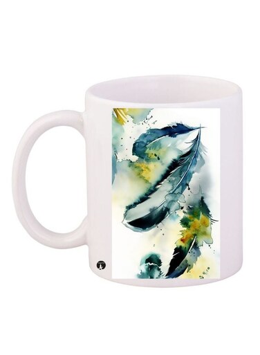 Feathers Printed Coffee Mug White/Blue/Green 11ounce
