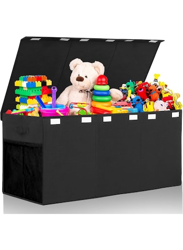 Foldable Extra Large Capacity Toy Box Chest, Home Storage Box, Toys Storage Organizer Bins, Collapsible Clothes Baskets Container with Lid, Handles, Three Flip, Removable Divider